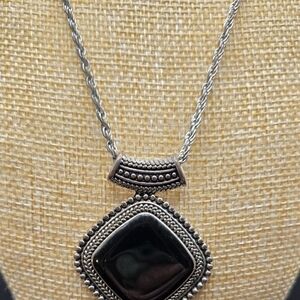 Elegant Silvertone and Black Pendant Necklace